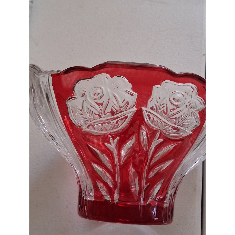 Crystal Clear Ruby Red Flashed Lead Crystal Vase Frosted Roses Made in Germany